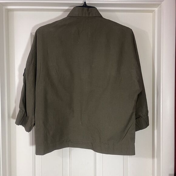 Zara Cropped Jacket Womens Size XS Green Pullover Half Zip 3/4 Sleeve Patches - Picture 4 of 8
